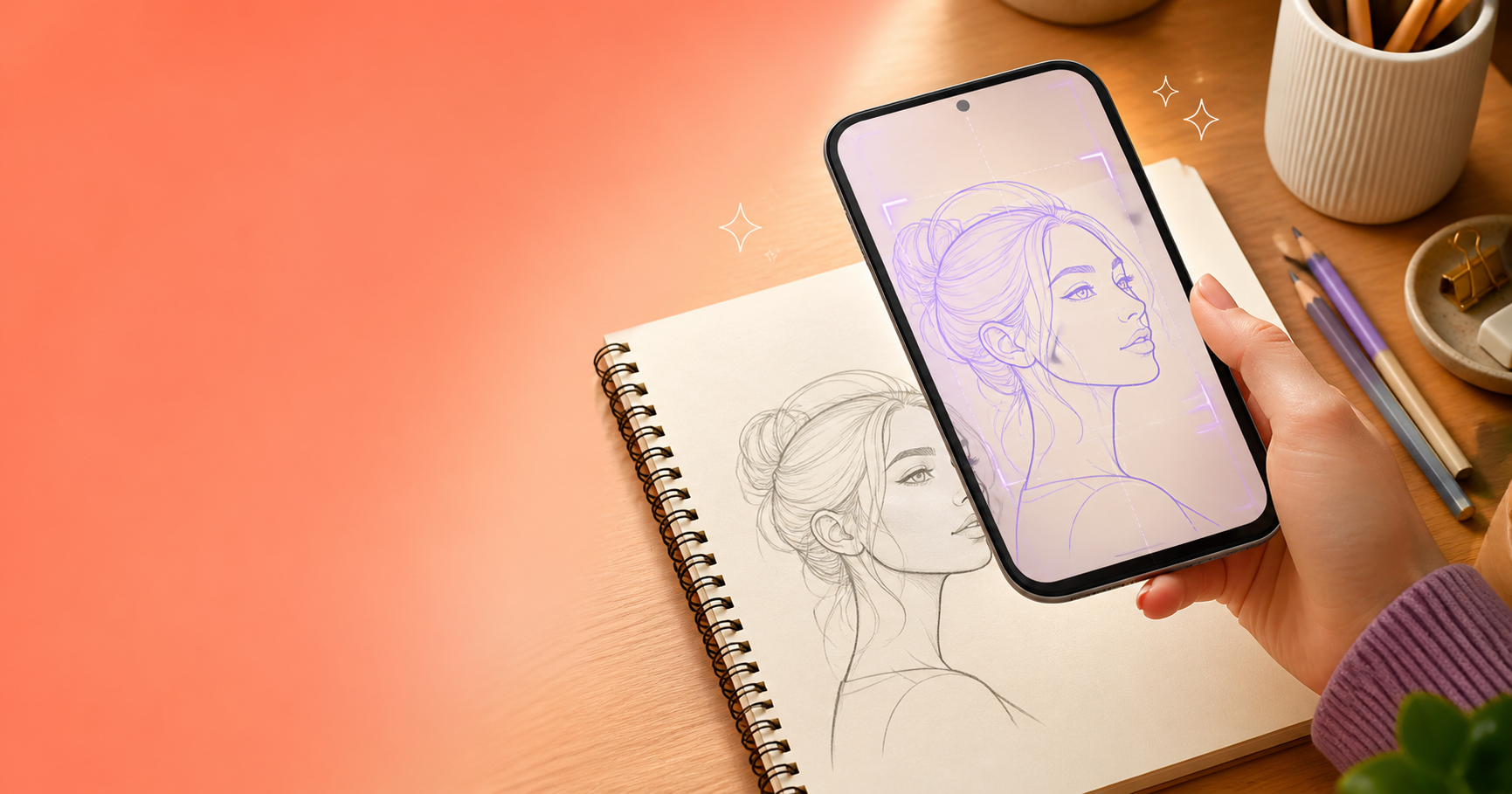 A drawing reference displayed over a sketchbook through an iPhone camera